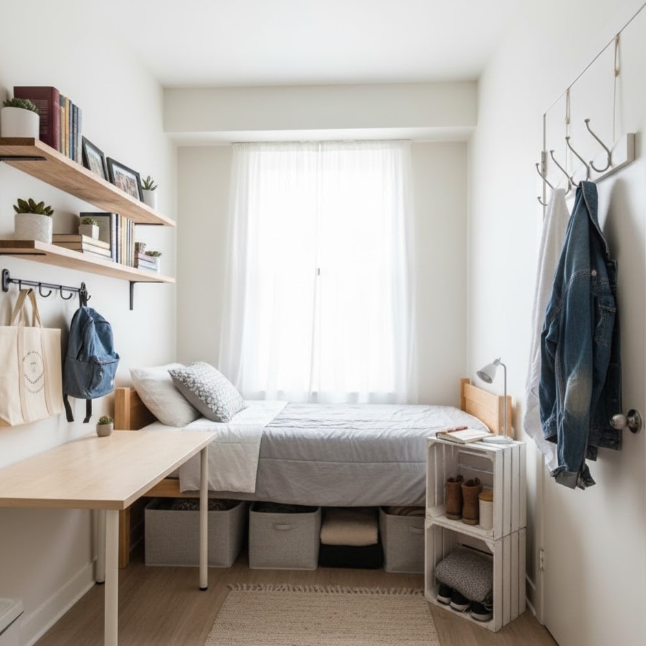 Compact dorm room with wall shelves, hanging hooks, and under-bed bins.