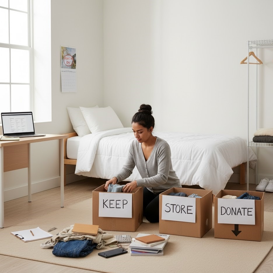 Student sorting clothes into keep, store, and donate boxes in dorm.