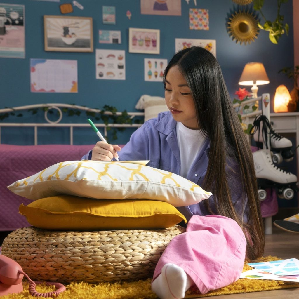 Student writing in colorful dorm room with cushions and décor.