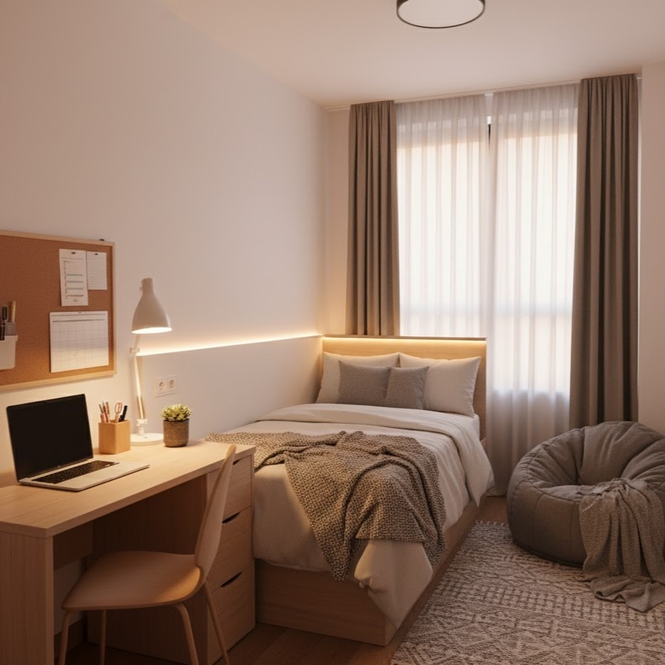 Cozy dorm room with bed, desk, bean bag, and window light.