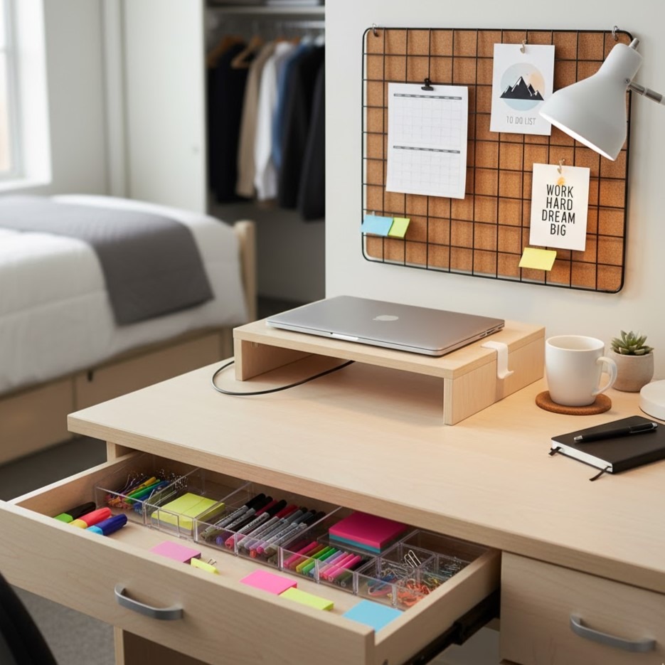 Neat student desk with laptop, stationery drawer, and wall organizer.