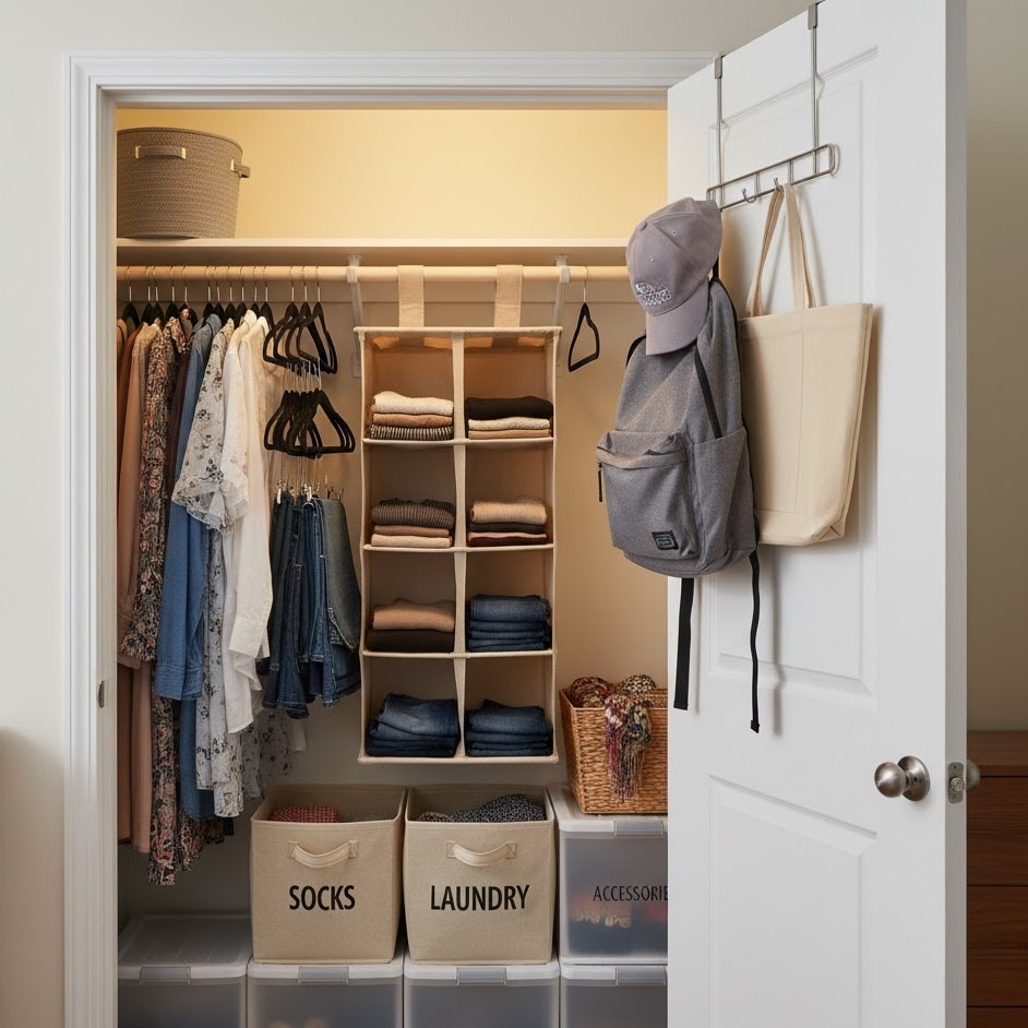 Organized dorm closet with labeled bins, hanging shelves, and door hooks.