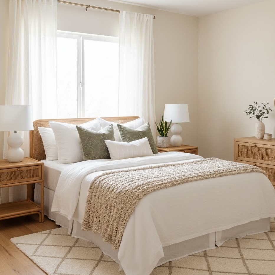 Cozy bedroom with neutral tones, layered bedding, and soft natural light.