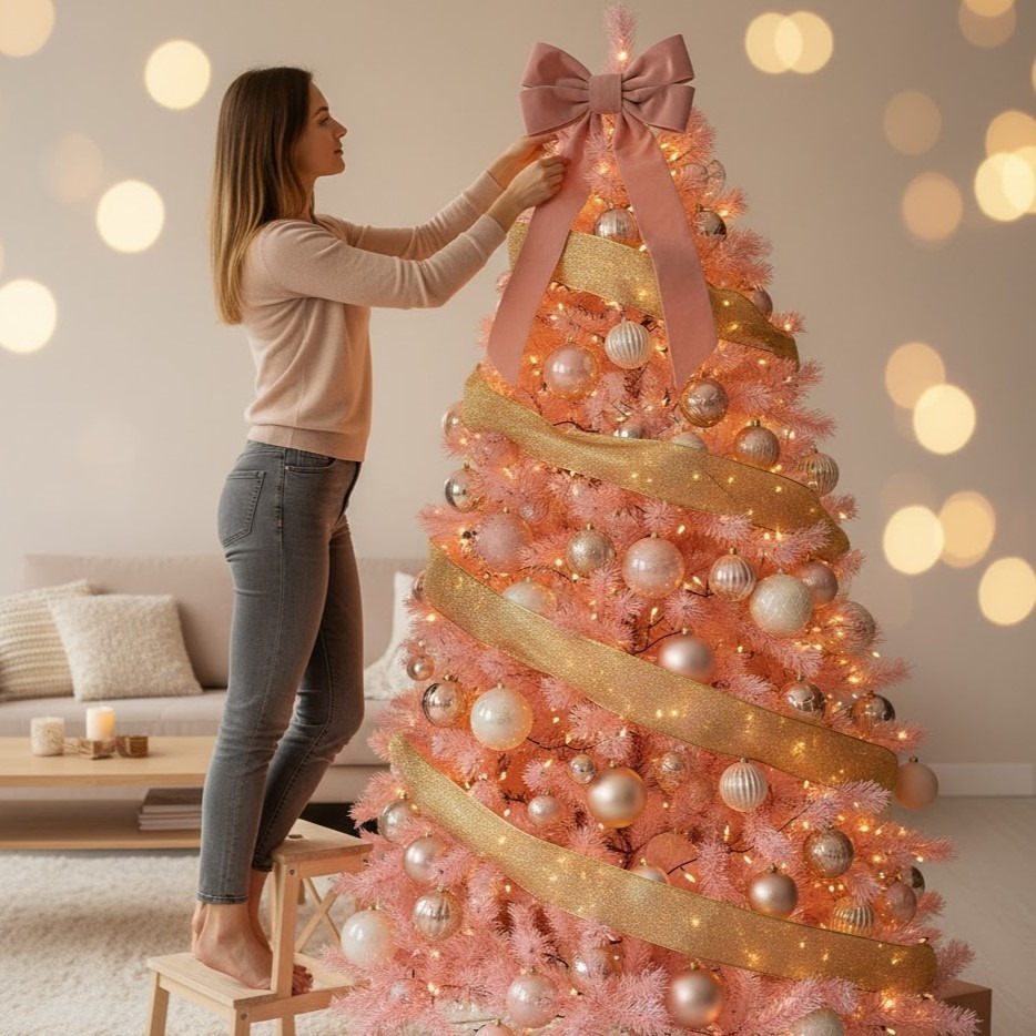 Woman placing a large pink bow topper on a decorated pink Christmas tree.