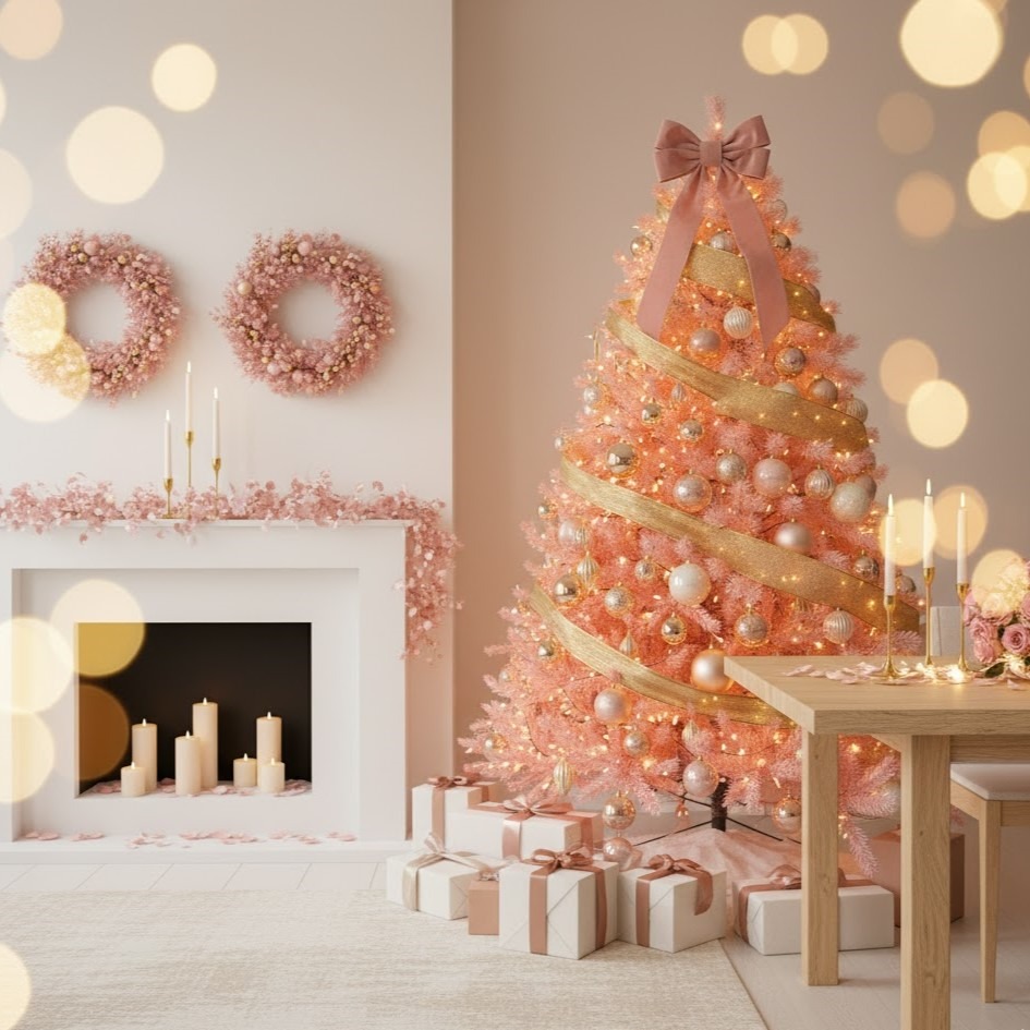 Elegant pink Christmas tree with gold ribbon, matching wreaths, and gifts near a fireplace.