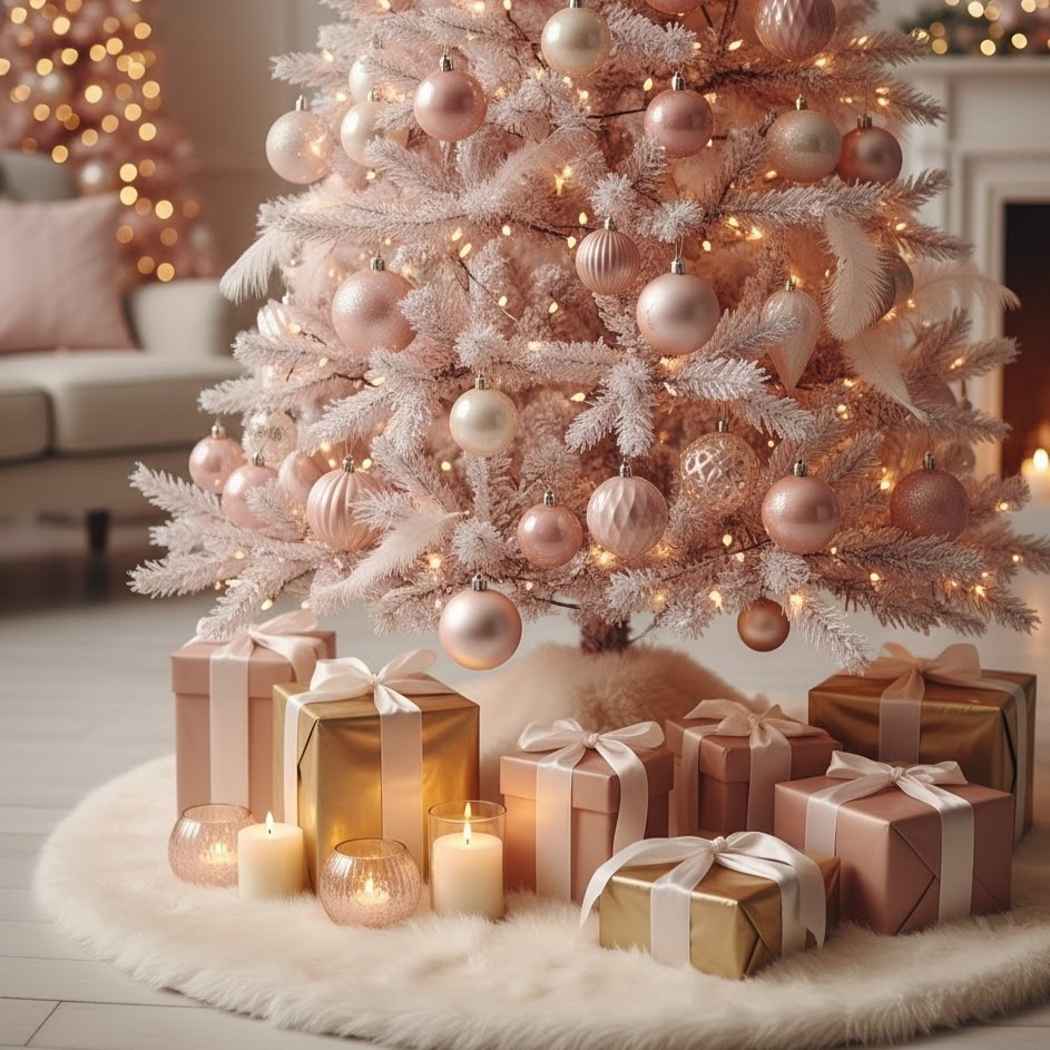 Close-up of pink Christmas tree base with gold and blush gifts, candles, and soft faux fur rug.