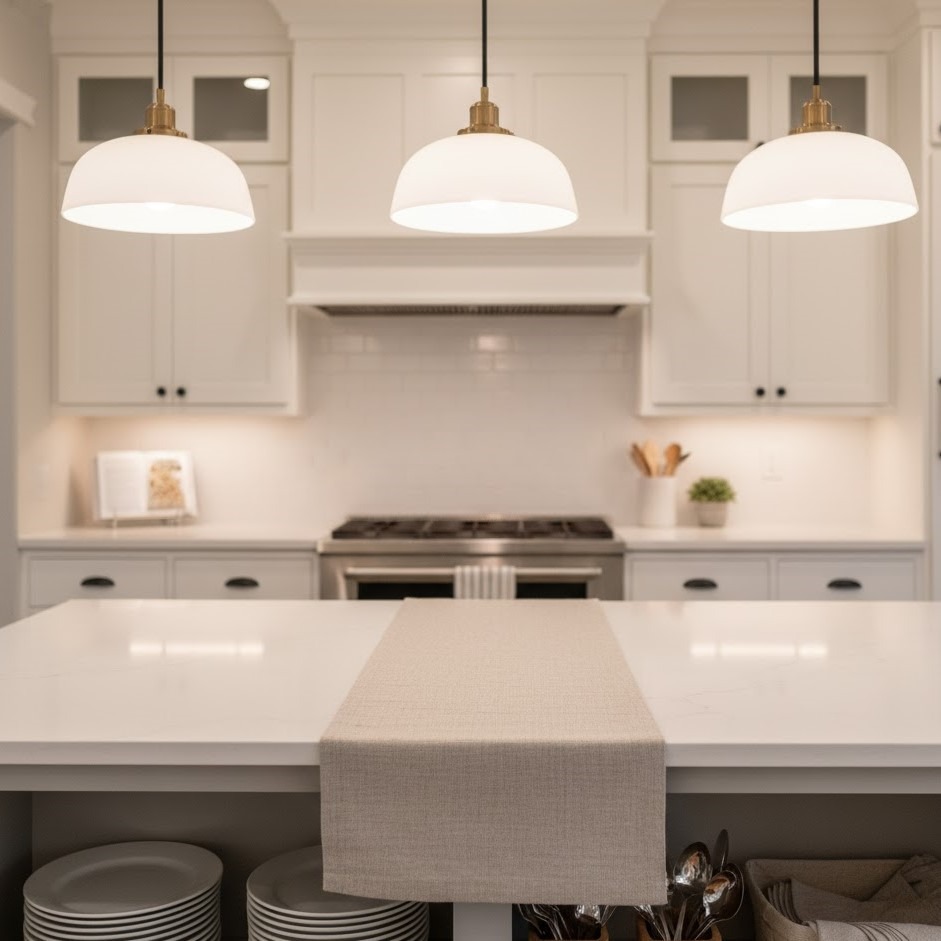 Clean white kitchen island with pendant lights, table runner, and neatly arranged plates ready for buffet setup.