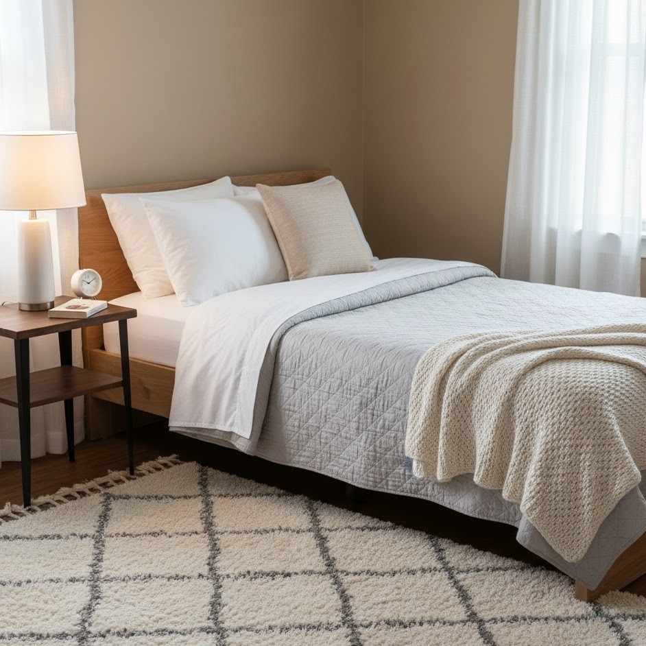 Bright, cozy bedroom with white linens, gray quilt, and soft cushions.