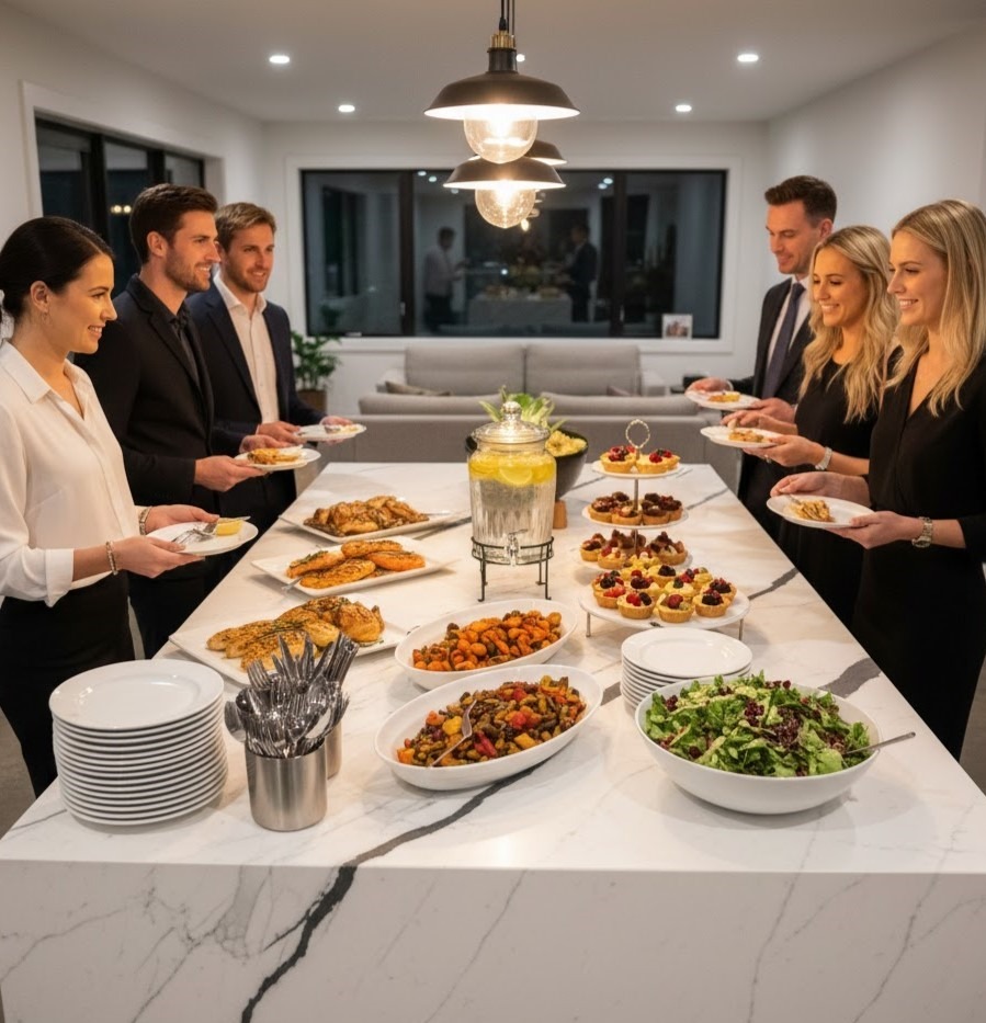 Guests serving themselves from a well-organized kitchen island buffet with salads, desserts, and drinks under pendant lights.
