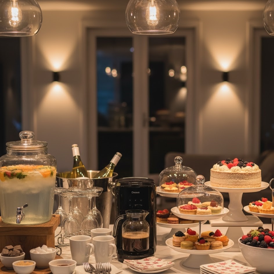 Stylish dessert and drink station with coffee, wine, lemonade, and tiered cakes under warm ambient lighting.