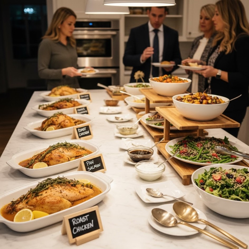 Group of guests serving themselves from a well-organized buffet island with labelled dishes, salads, and roast meats.