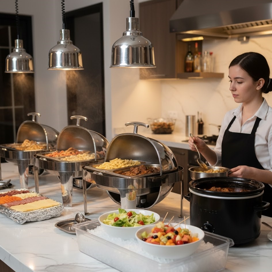 Professional buffet setup on a kitchen island with heated chafing dishes, salads, and a chef serving food.