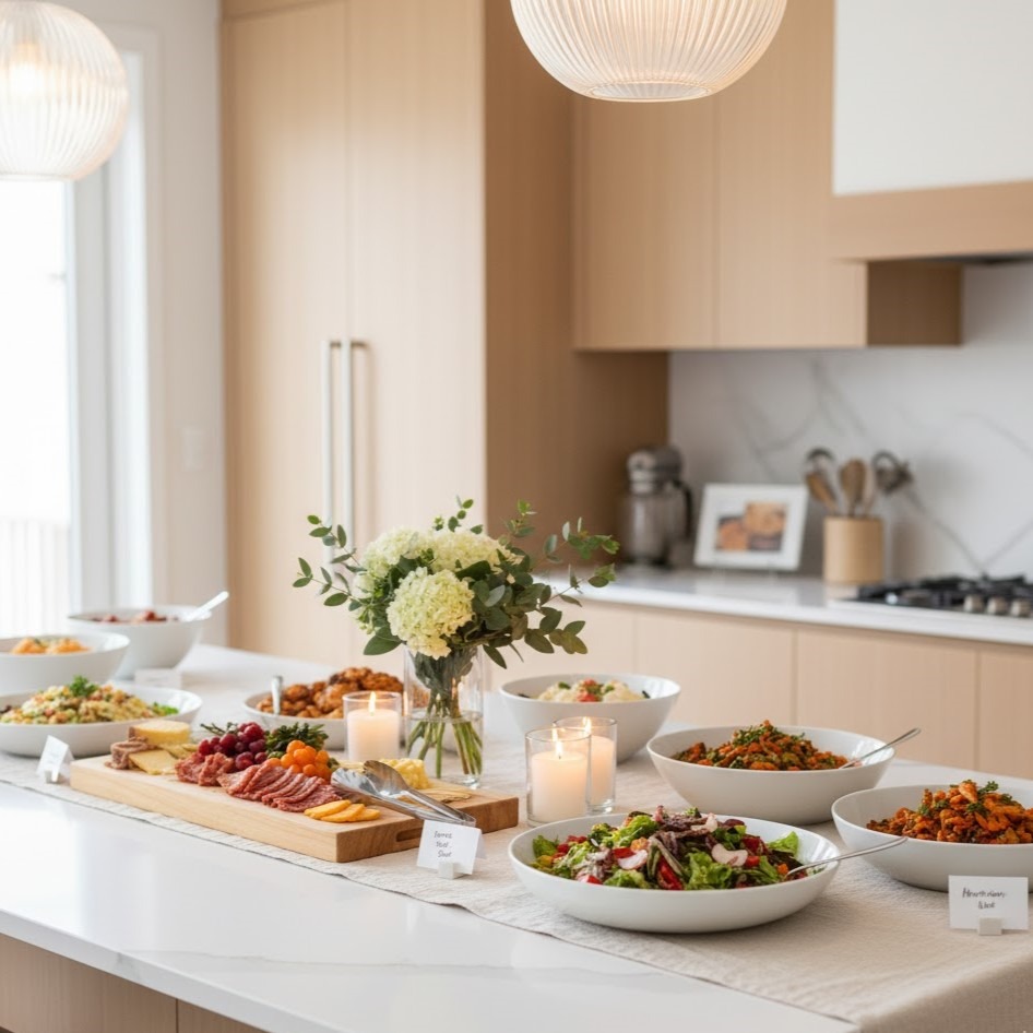 Elegant kitchen island buffet with floral centrepiece, candles, and assorted salads and appetisers beautifully arranged.