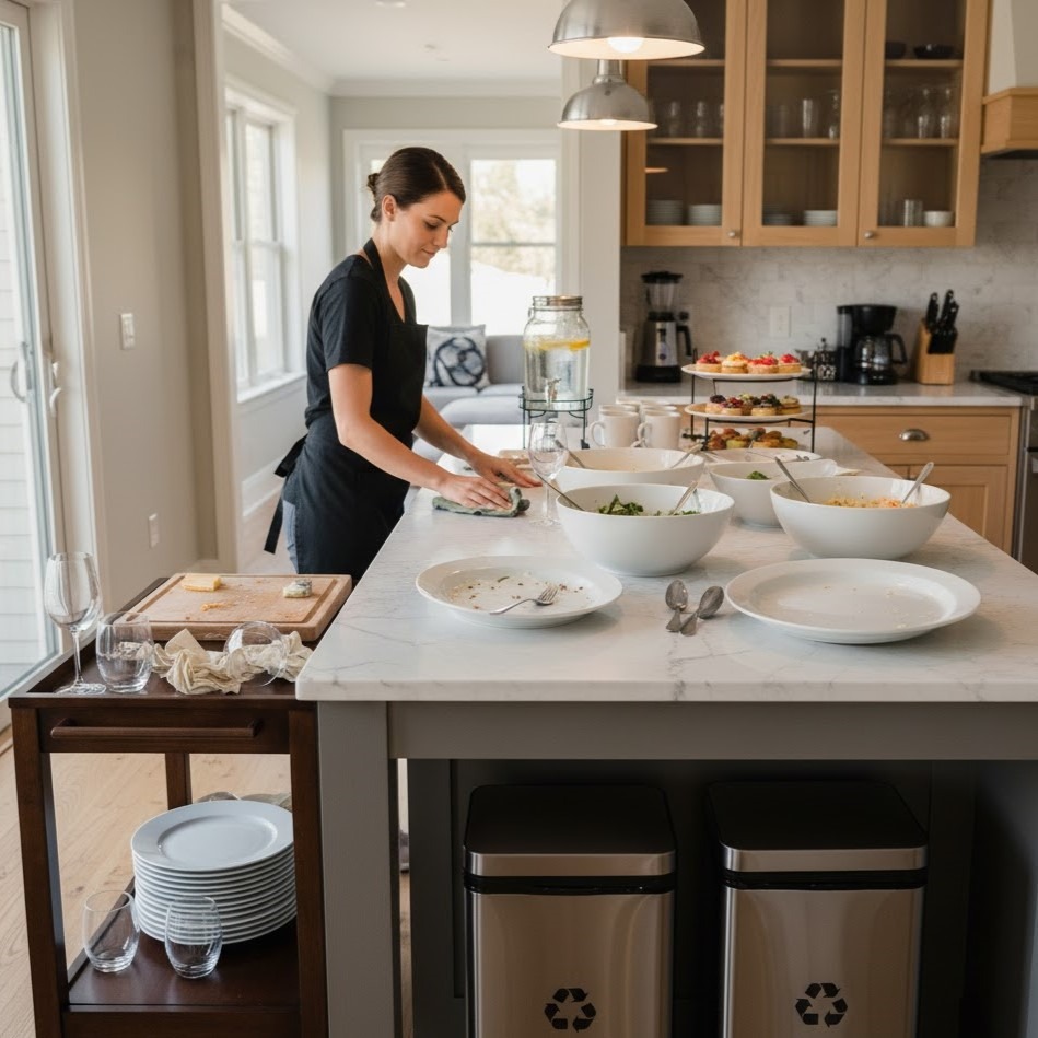 Woman cleaning kitchen island after buffet event, surrounded by dishes, glasses, and recycling bins.