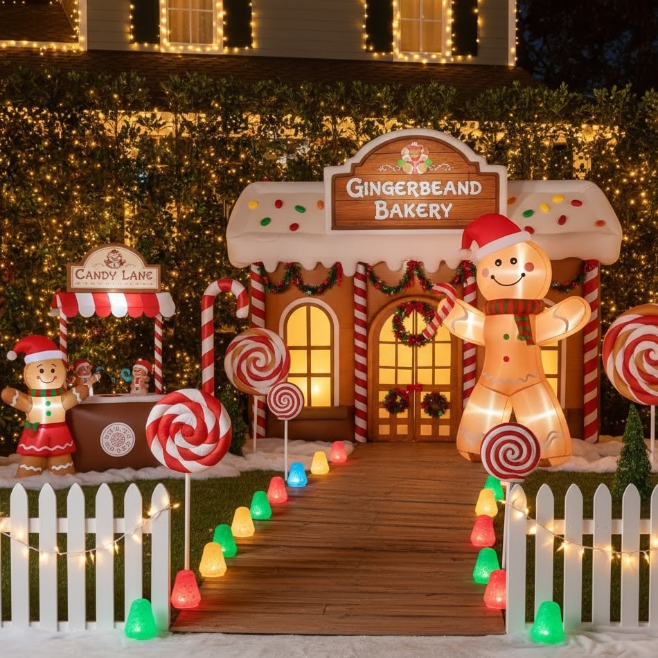 Giant gingerbread man inflatable beside gingerbread bakery with candy props and festive lights.