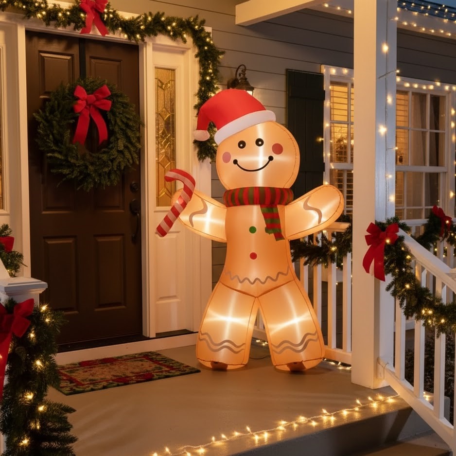 Gingerbread man inflatable beside a Christmas-decorated porch with garlands, bows, and warm lights.