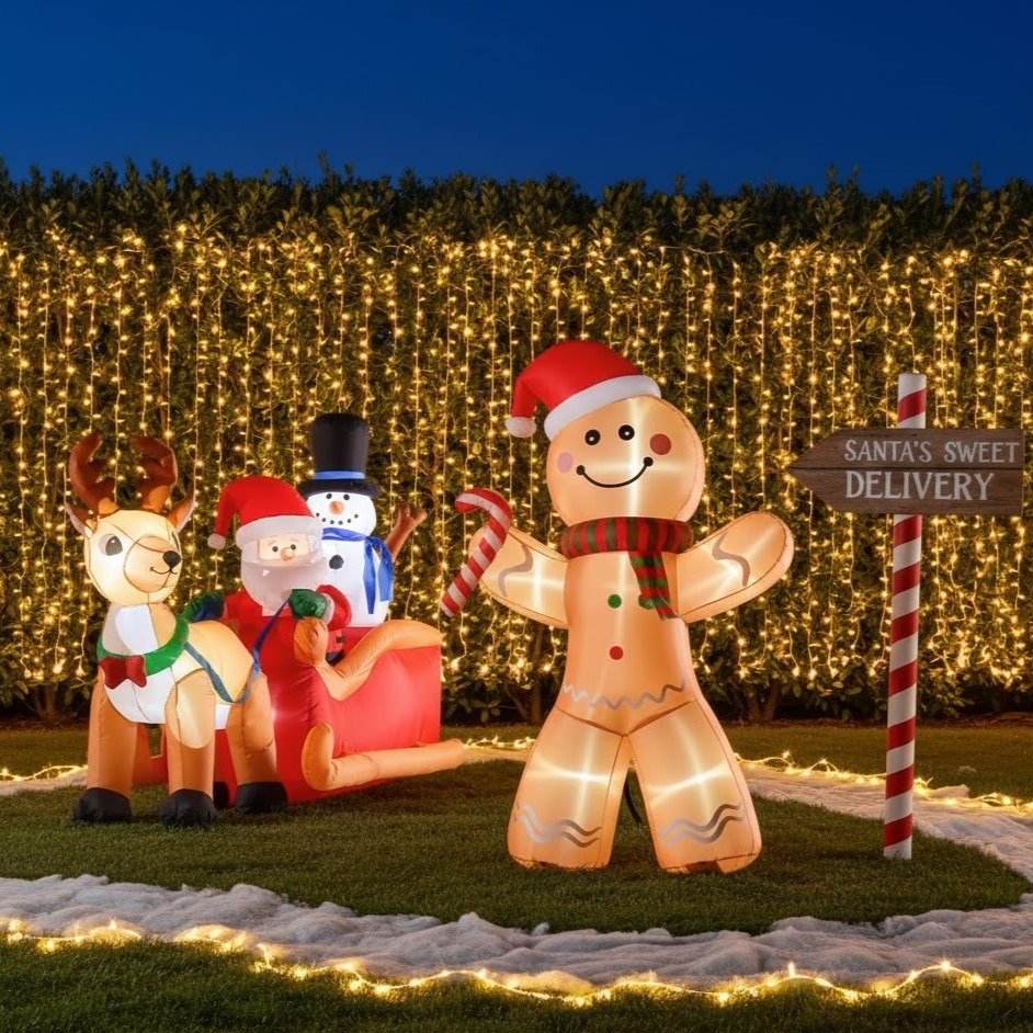 Gingerbread man inflatable with Santa, reindeer, and snowman sleigh under glowing Christmas lights.