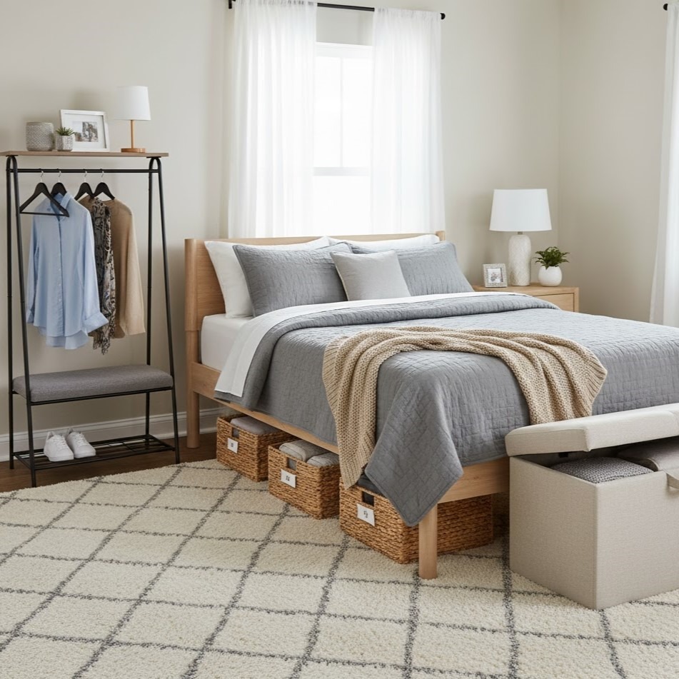 Organized guest room with baskets under bed, open wardrobe, and neutral bedding.