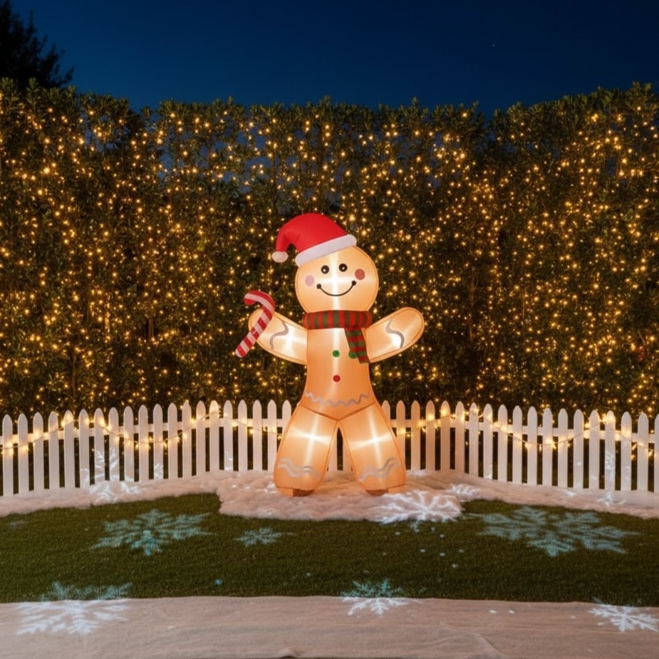 Gingerbread man inflatable glowing with candy cane decor and twinkling fairy lights at night.