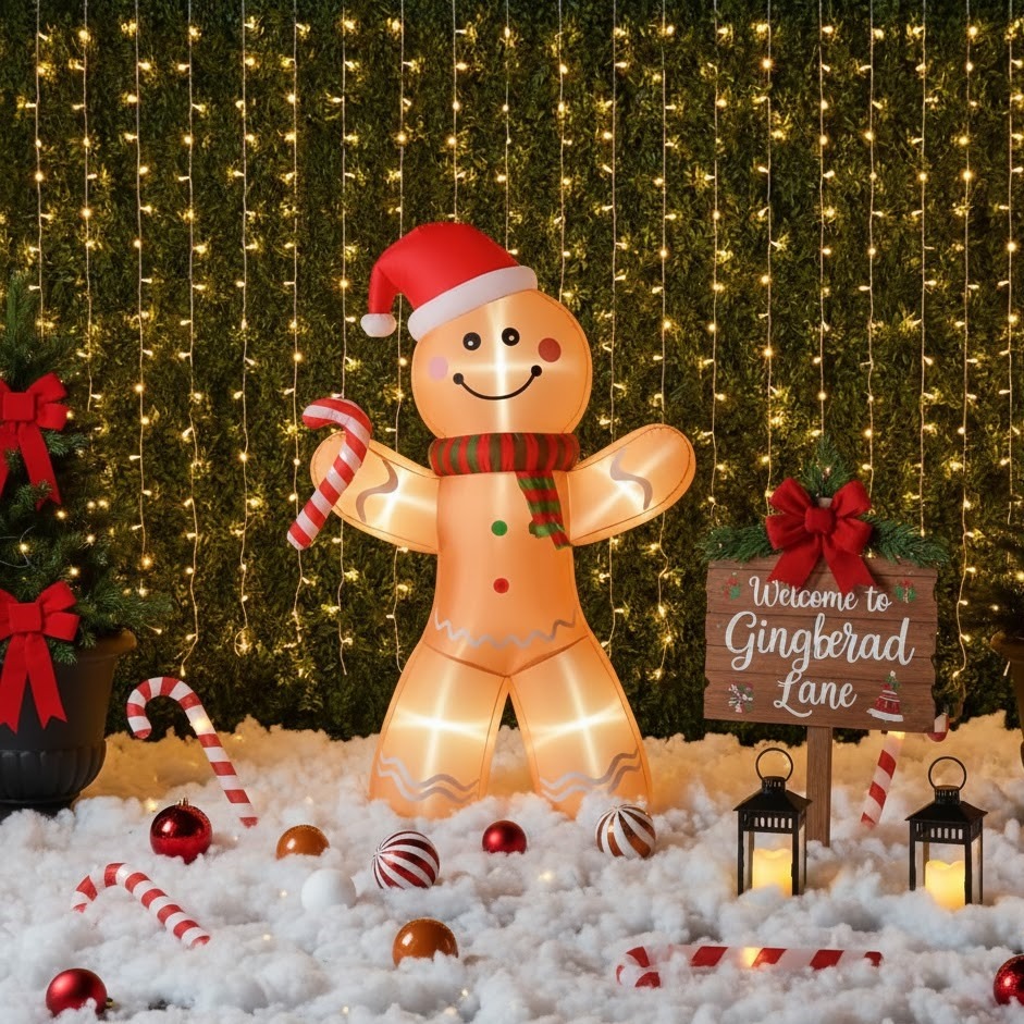 Lighted gingerbread man inflatable with candy canes, ornaments, and lanterns on snowy ground.