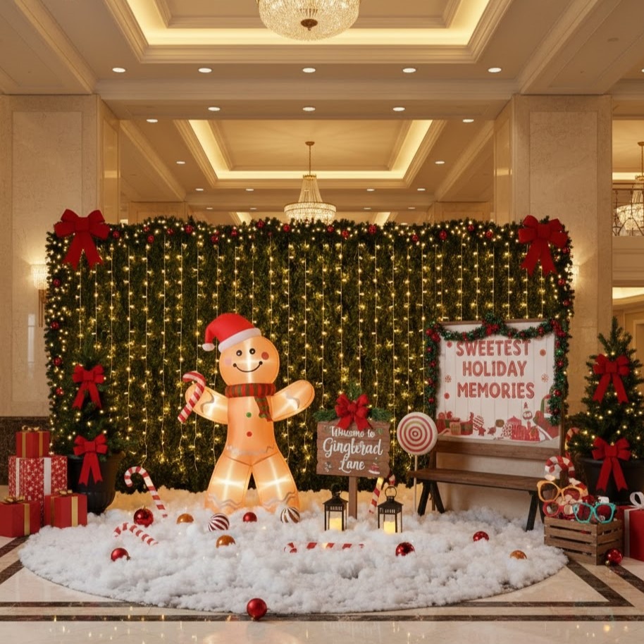 Gingerbread man inflatable inside festive lobby with trees, bows, and “Sweetest Holiday Memories” backdrop.
