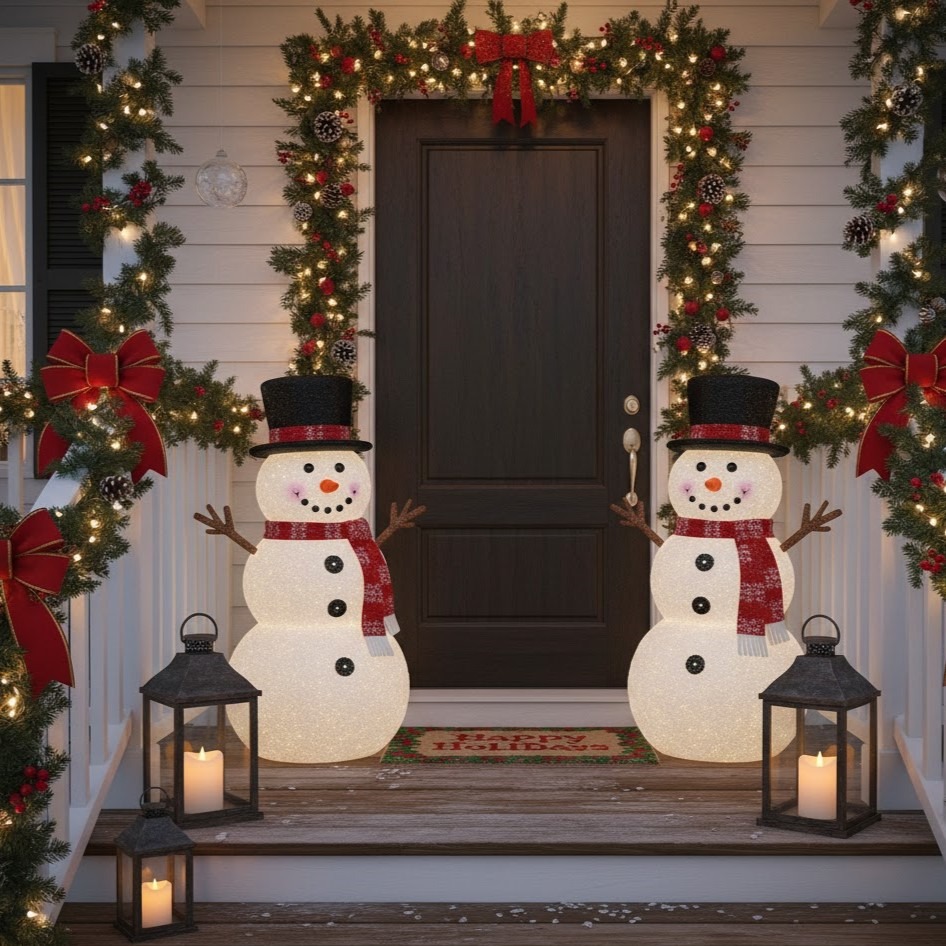 lighted snowmen decorating a festive front porch.