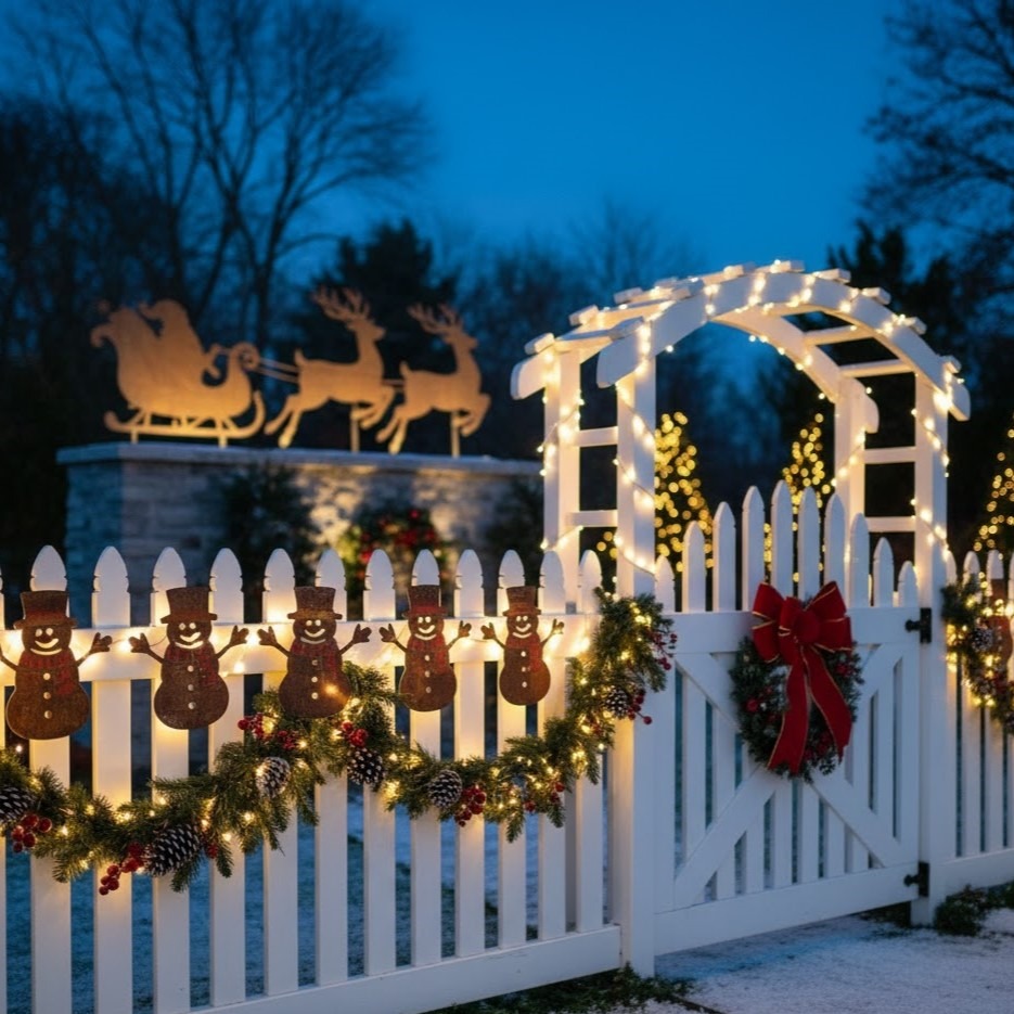 snowman garland and Christmas lights on white fence