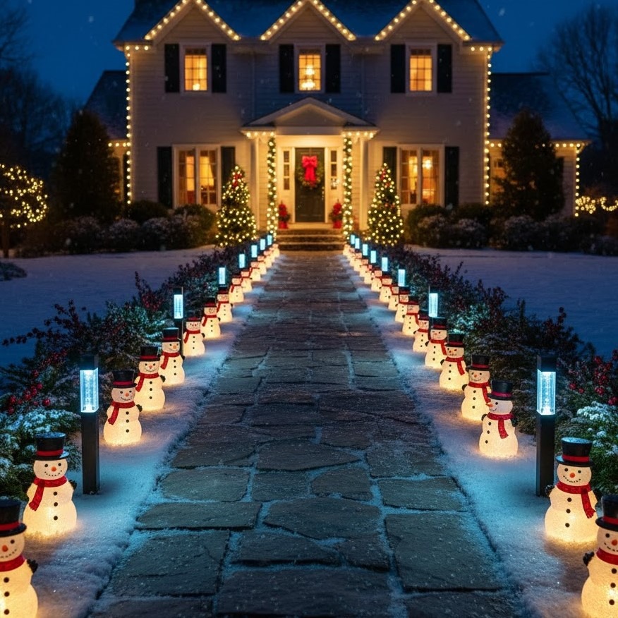 glowing snowman pathway lights along winter walkway.