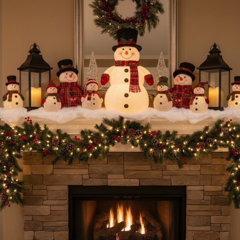 snowmen lined across festive decorated mantel