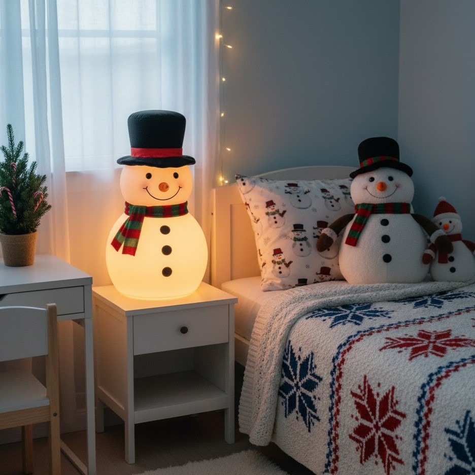 glowing snowman lamp beside kids bed