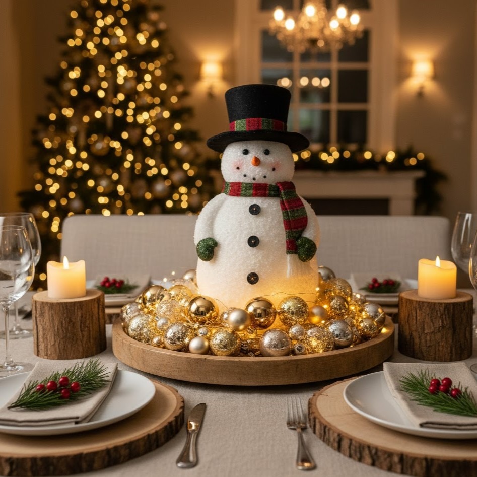 snowman centrepiece surrounded by candles and ornaments