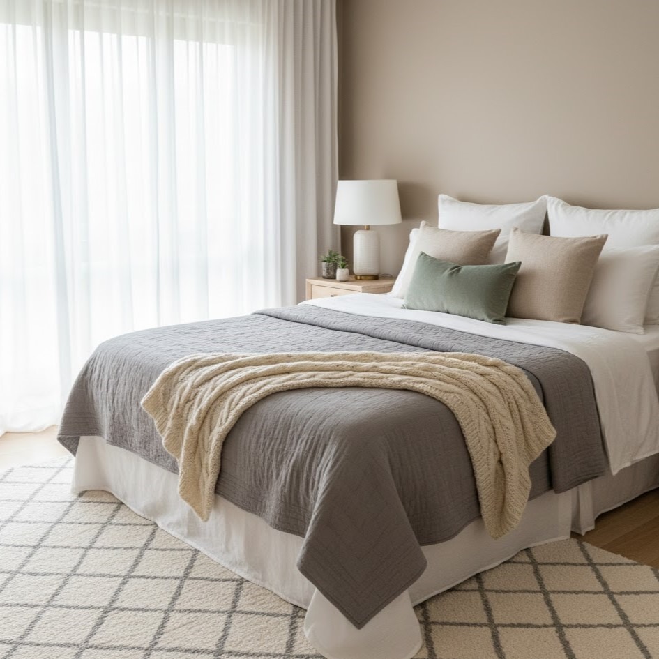 Neutral-toned guest bed with knitted throw and layered gray and beige bedding.
