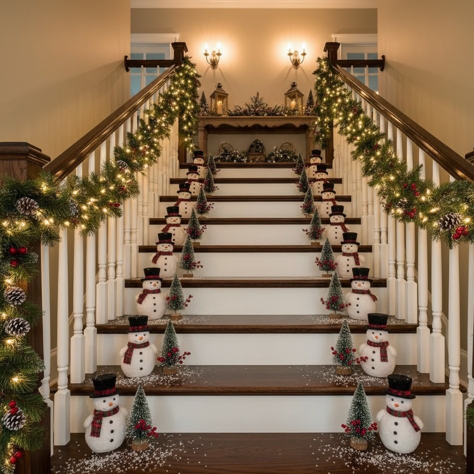 staircase lined with snowmen and garlands