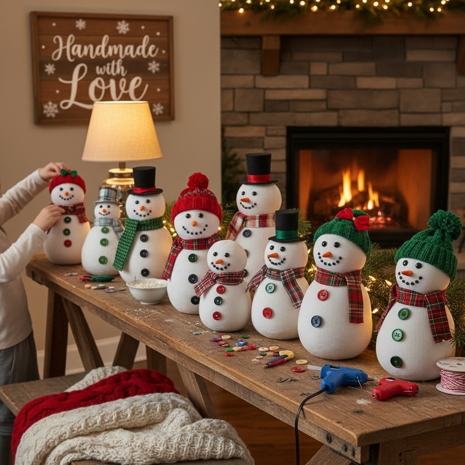 Snowman craft display with children decorating handmade snowmen.