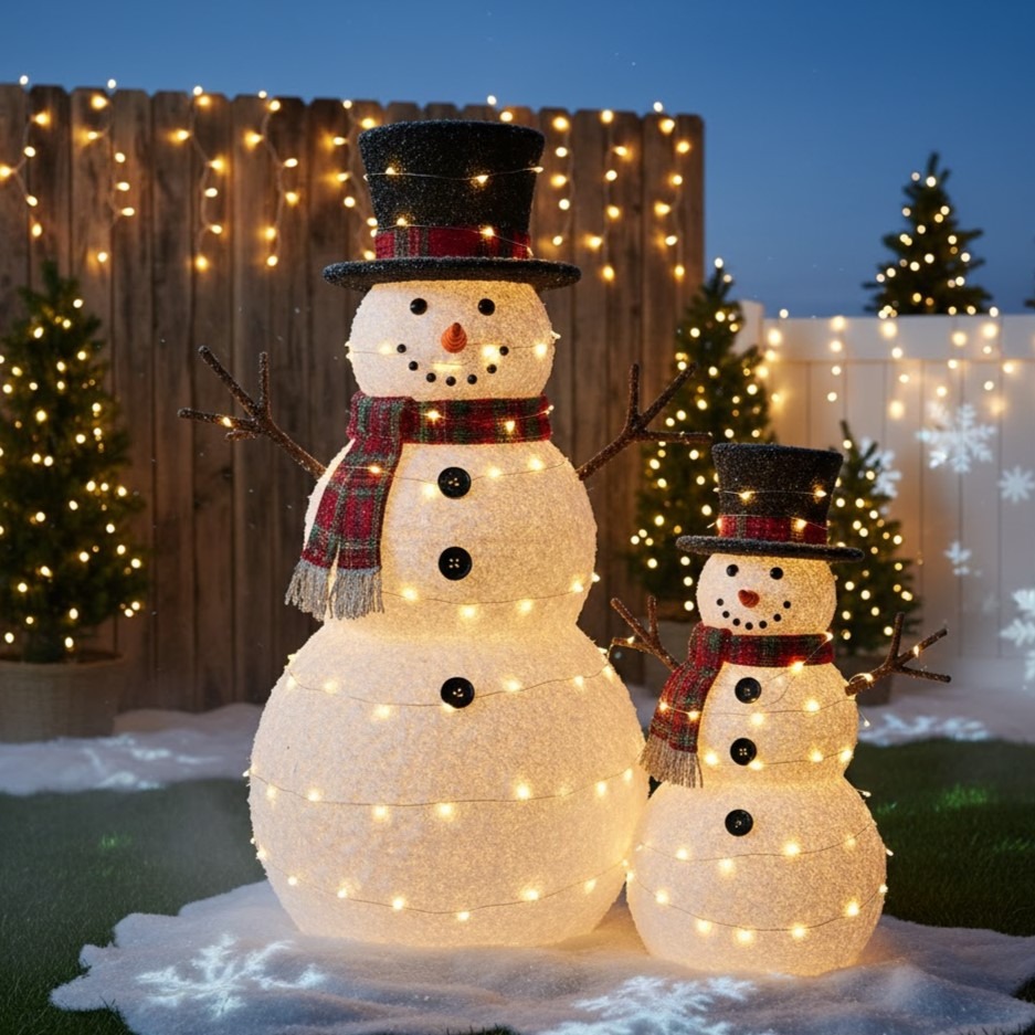 Large glowing snowmen with warm string lights outdoors.