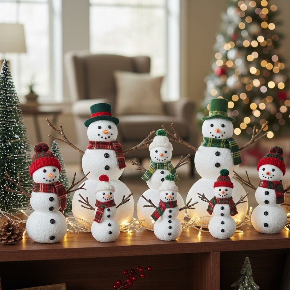 small snowman figures with scarves displayed on wooden shelf