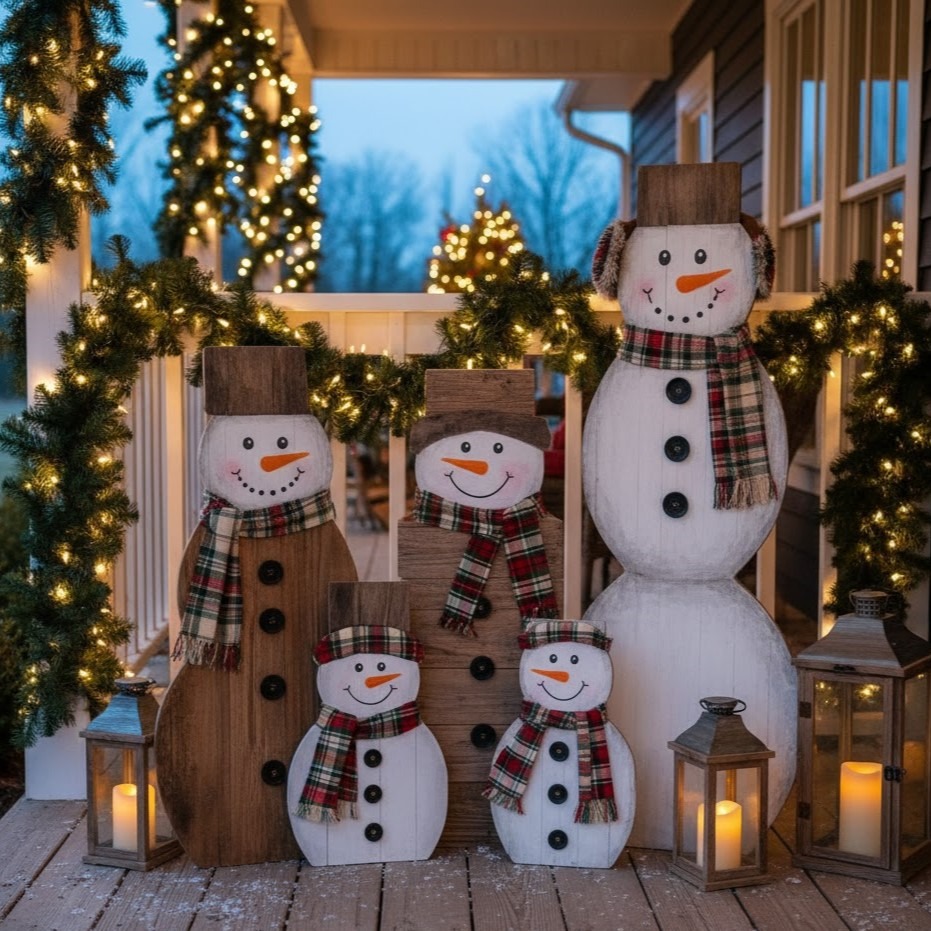 rustic wooden snowmen with scarves on porch.