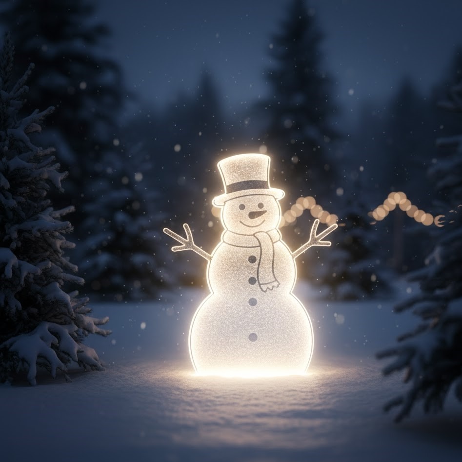 glowing snowman decoration in snowy forest at night