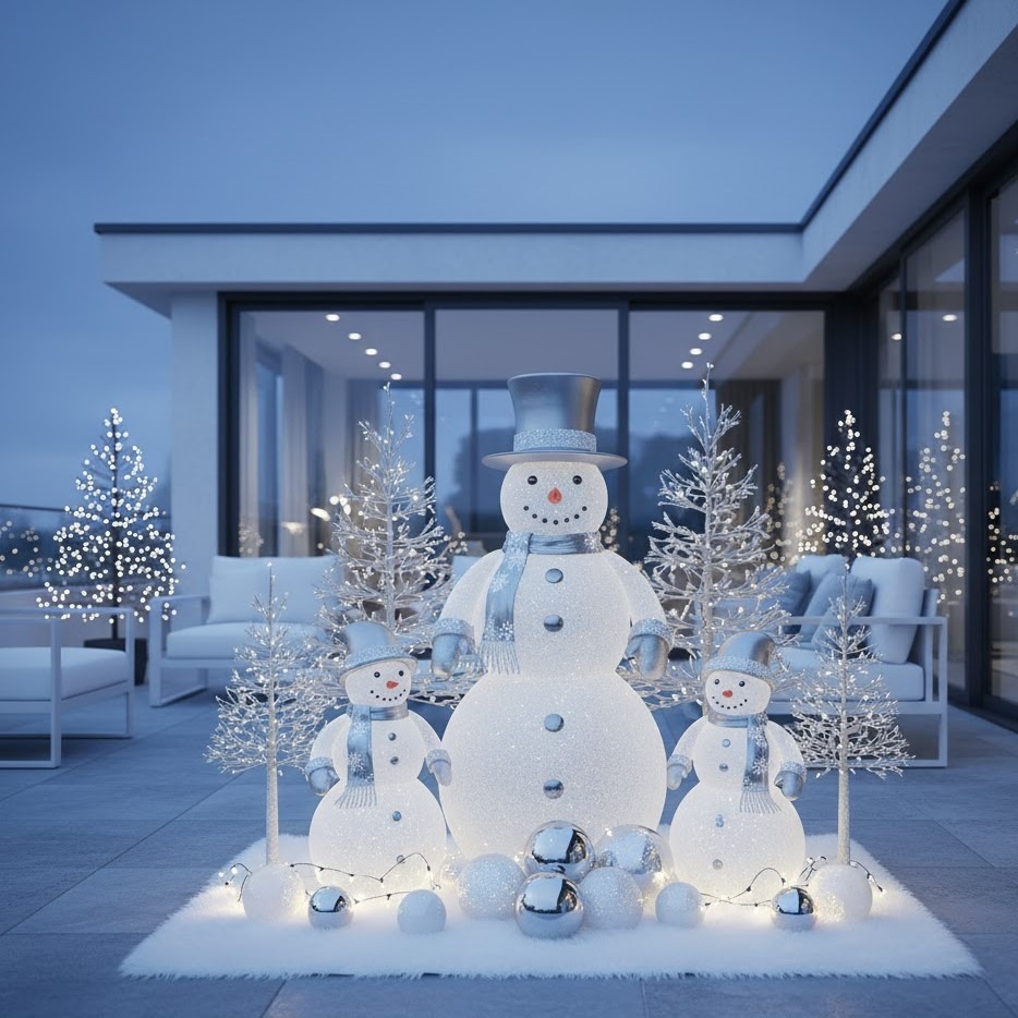 Snowman trio in silver themed outdoor Christmas display.