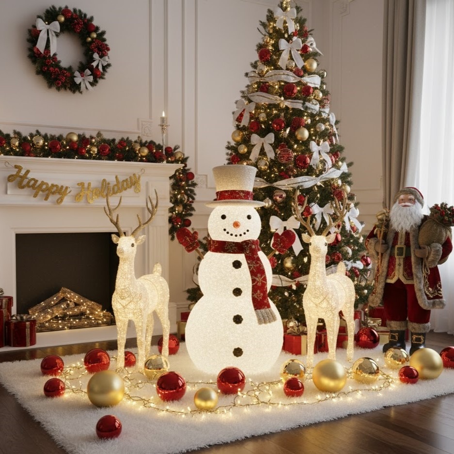illuminated snowman and reindeer setup beside Christmas tree