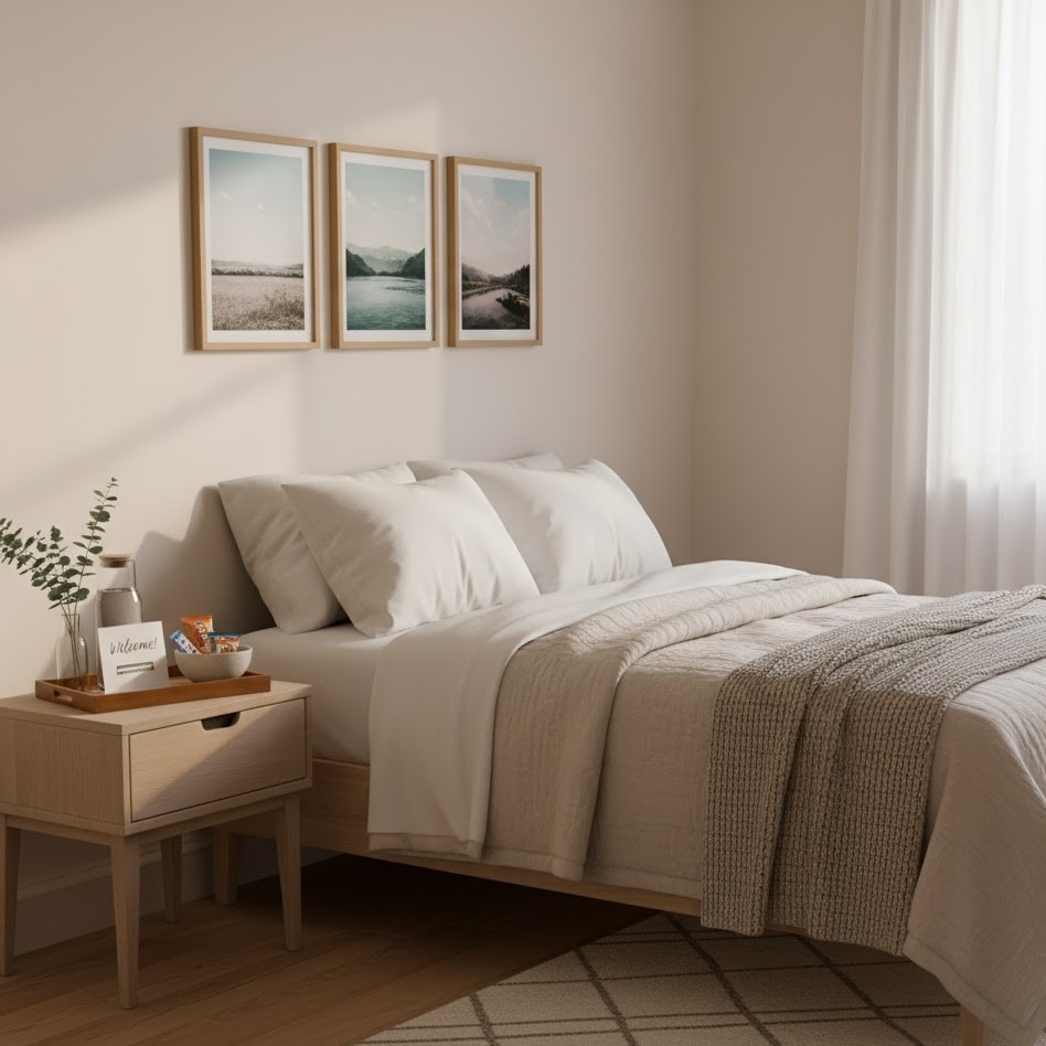 Minimalist guest bedroom with welcome tray, snacks, and framed wall art.