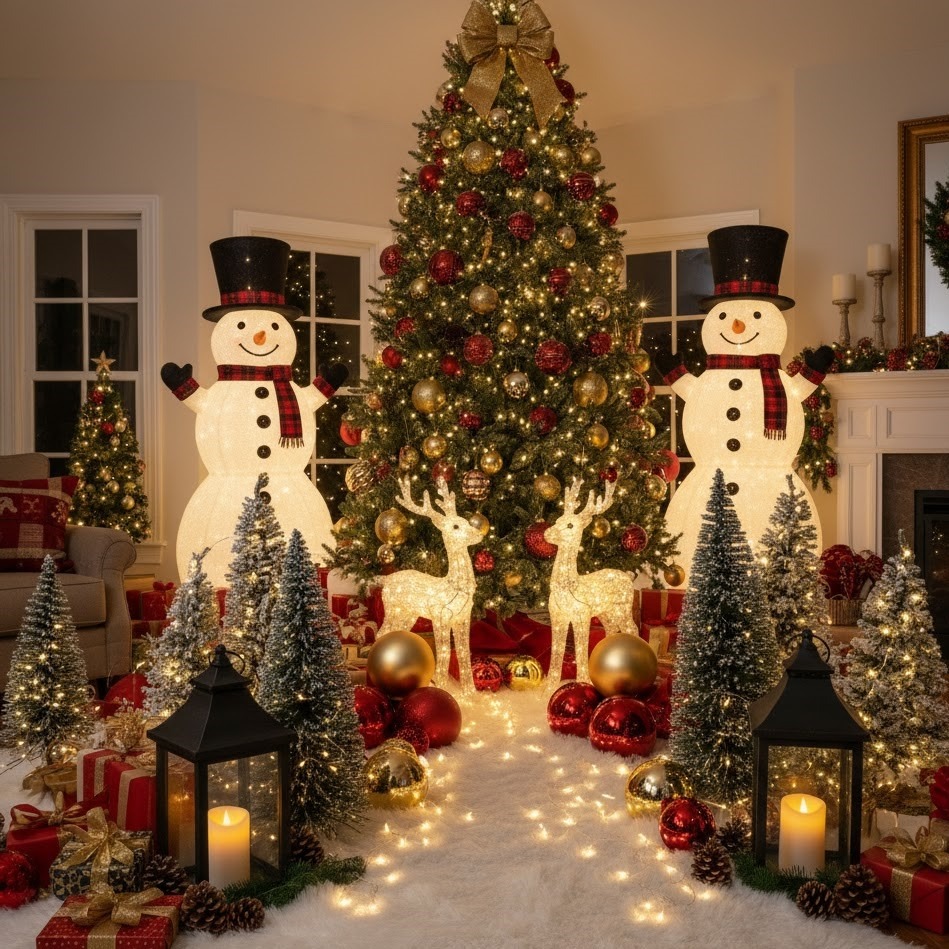 snowmen and reindeer around lit Christmas tree