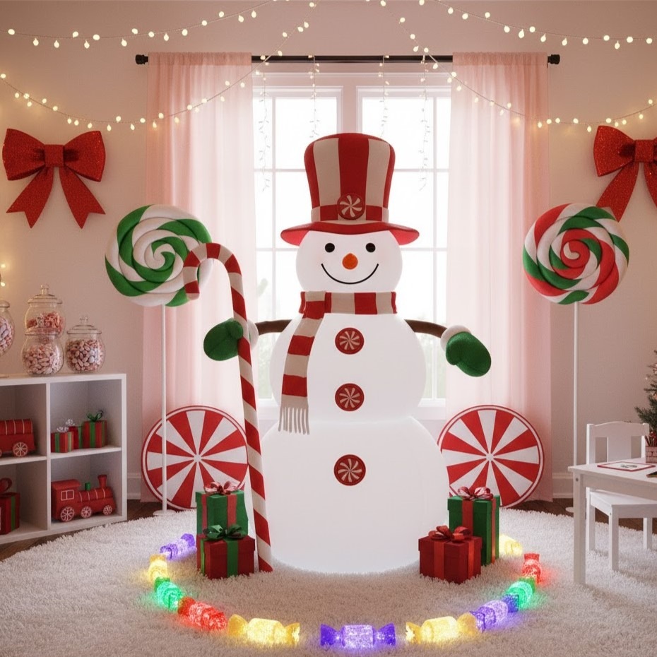 snowman with peppermint candy decor in festive room