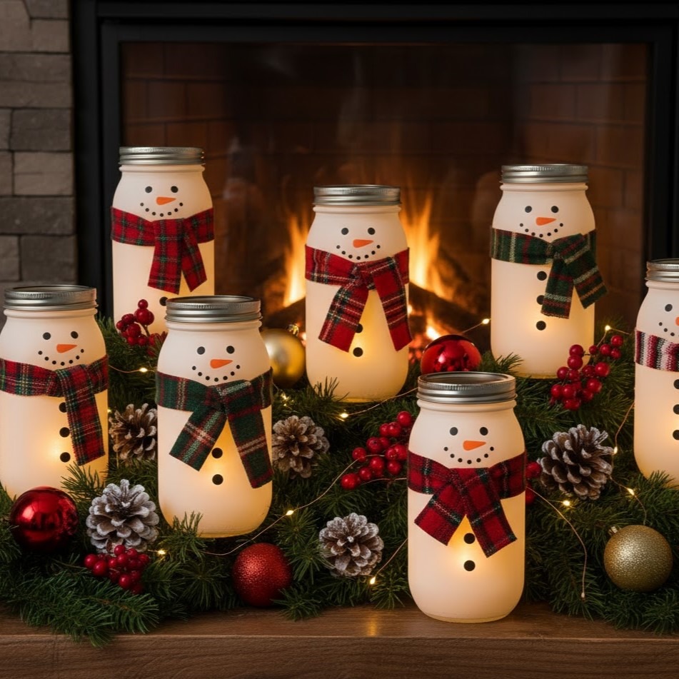 mason jar snowmen with plaid scarves.