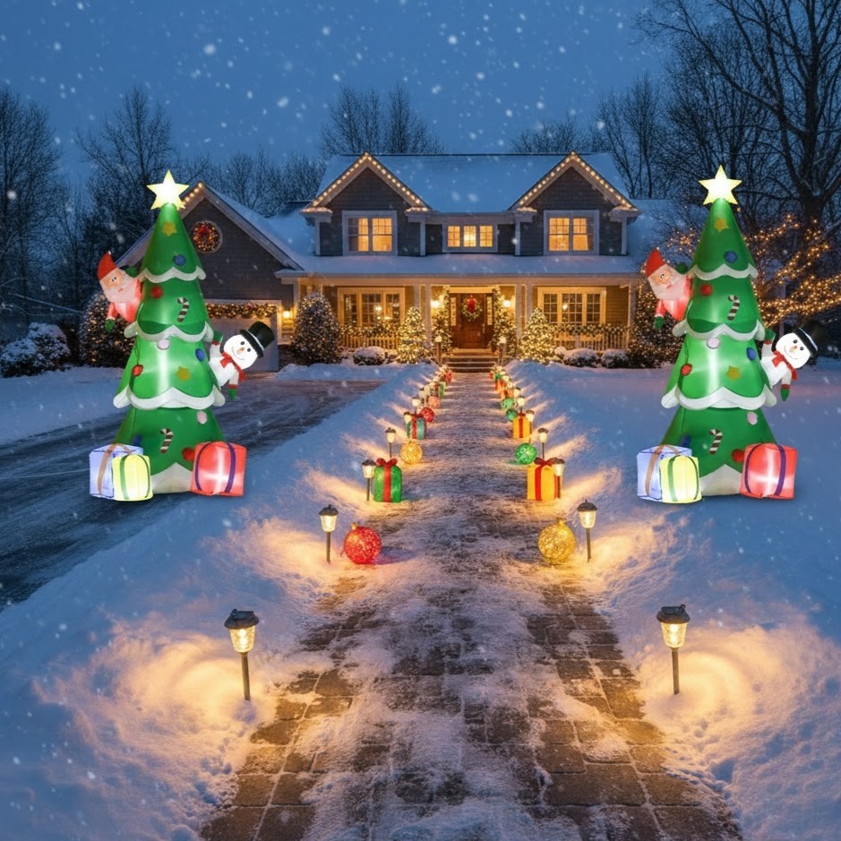 Two inflatable Christmas trees lighting both sides of snowy walkway.