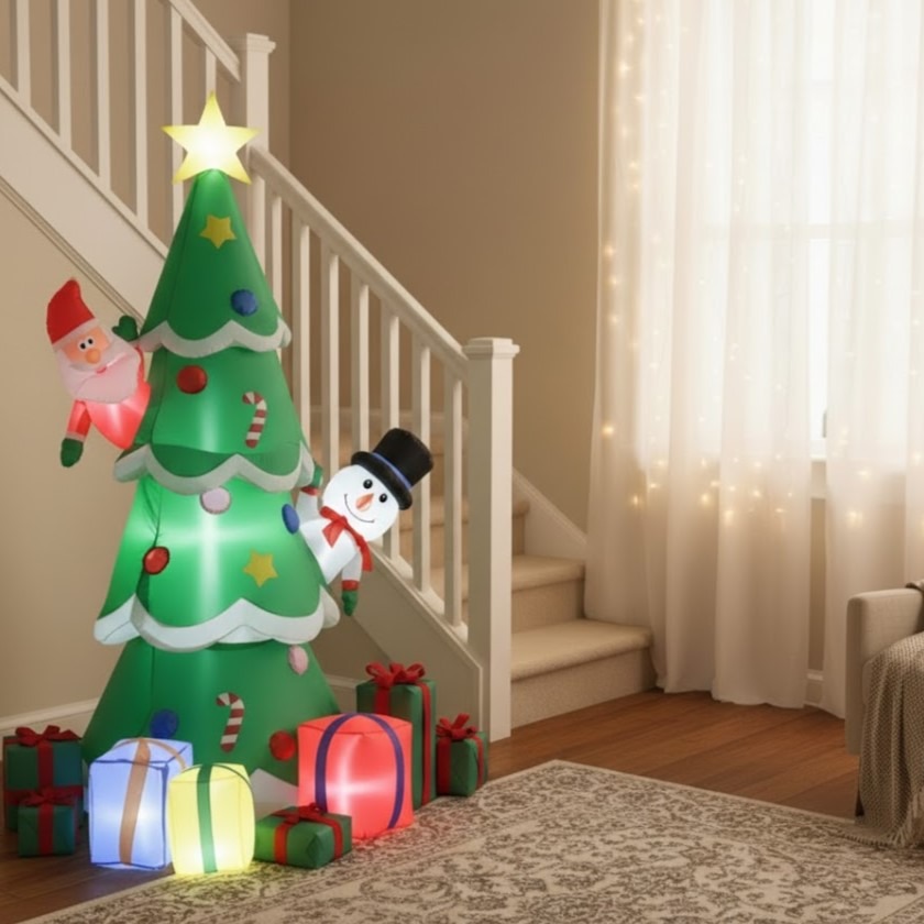 Inflatable Christmas tree with gifts placed beside staircase indoors.