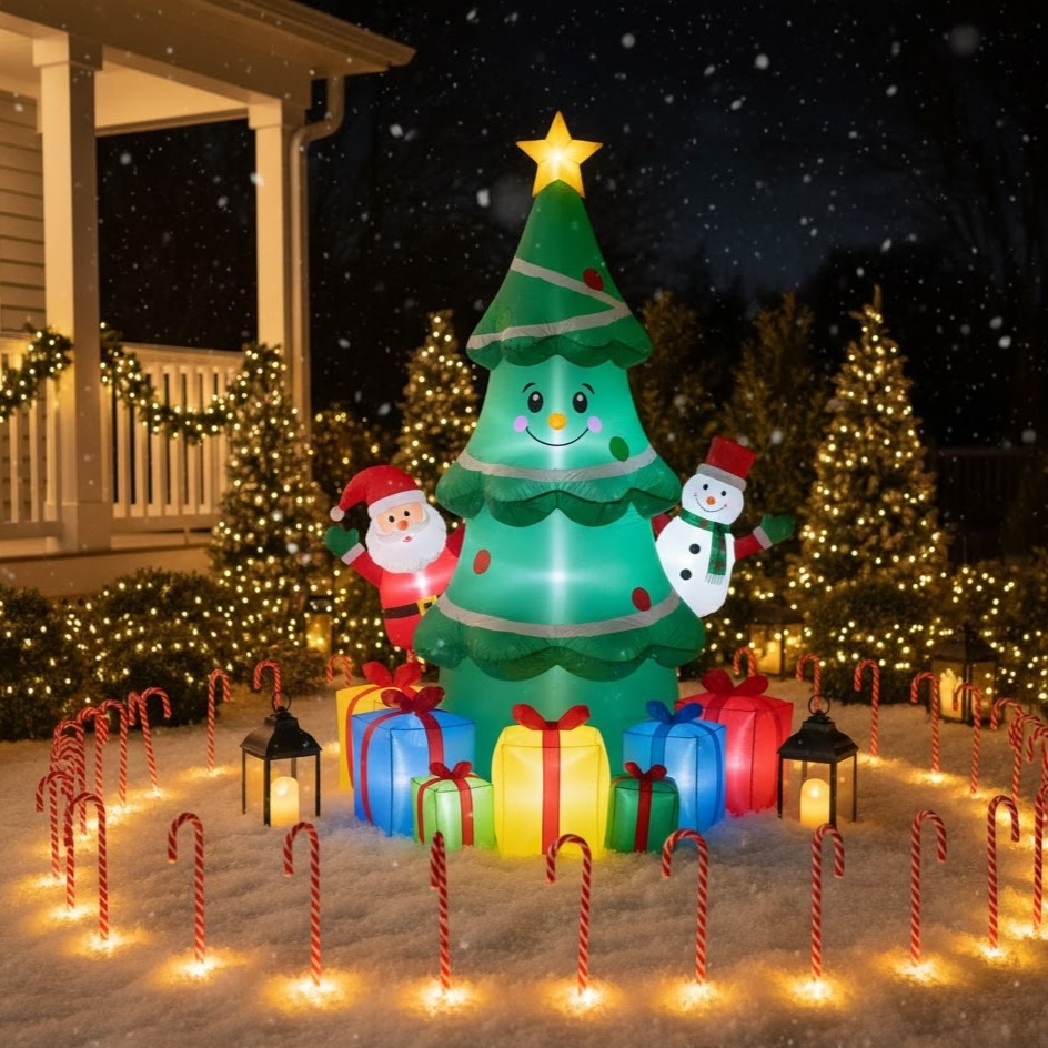 Inflatable tree surrounded by glowing gift boxes and candy canes.
