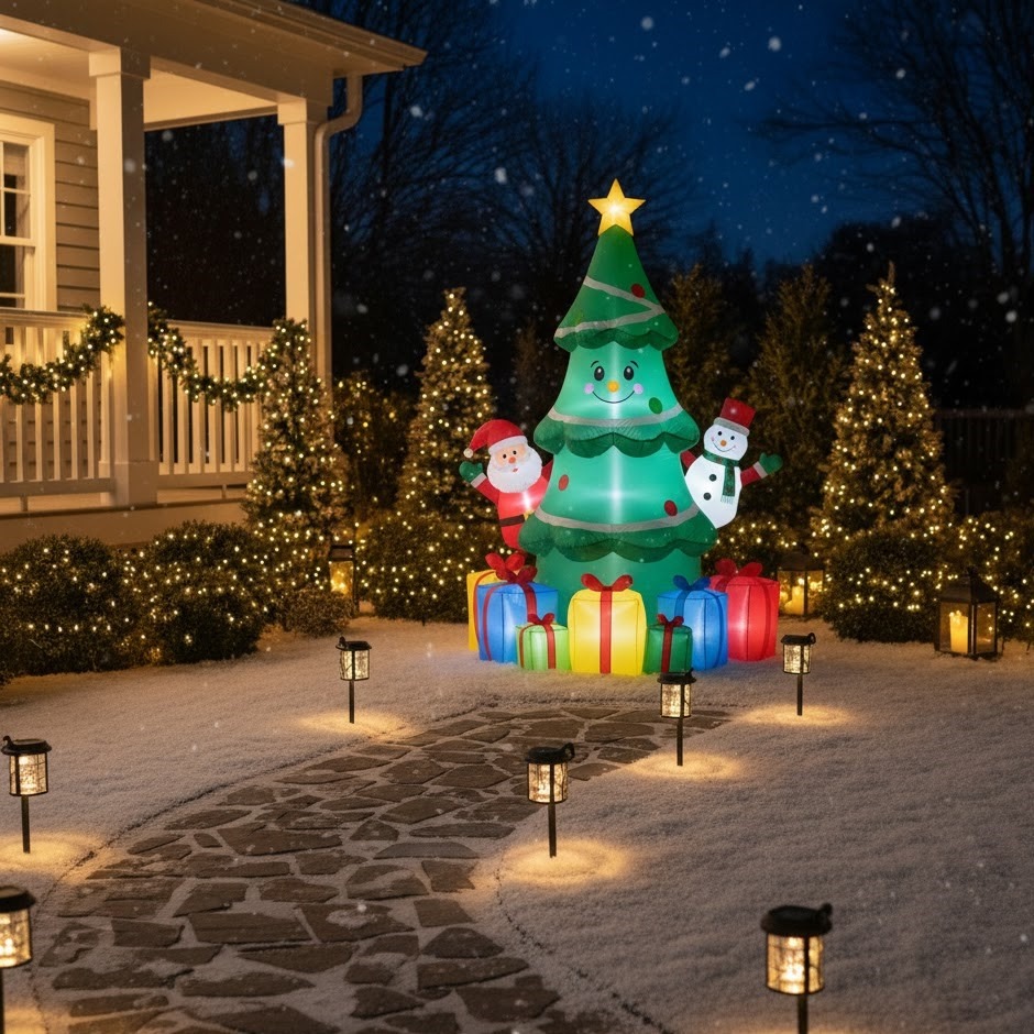 Inflatable tree glowing beside lantern-lit snowy pathway at night.