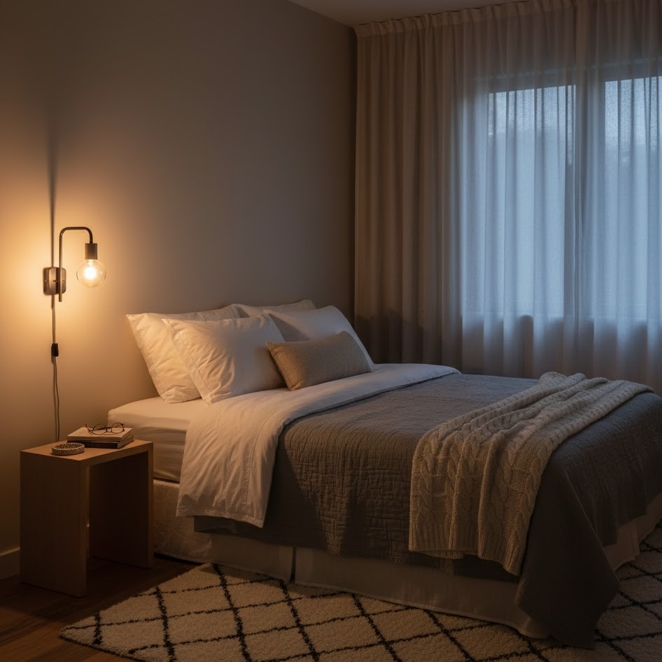 Warmly lit guest bedroom with soft wall lamp and layered neutral bedding.