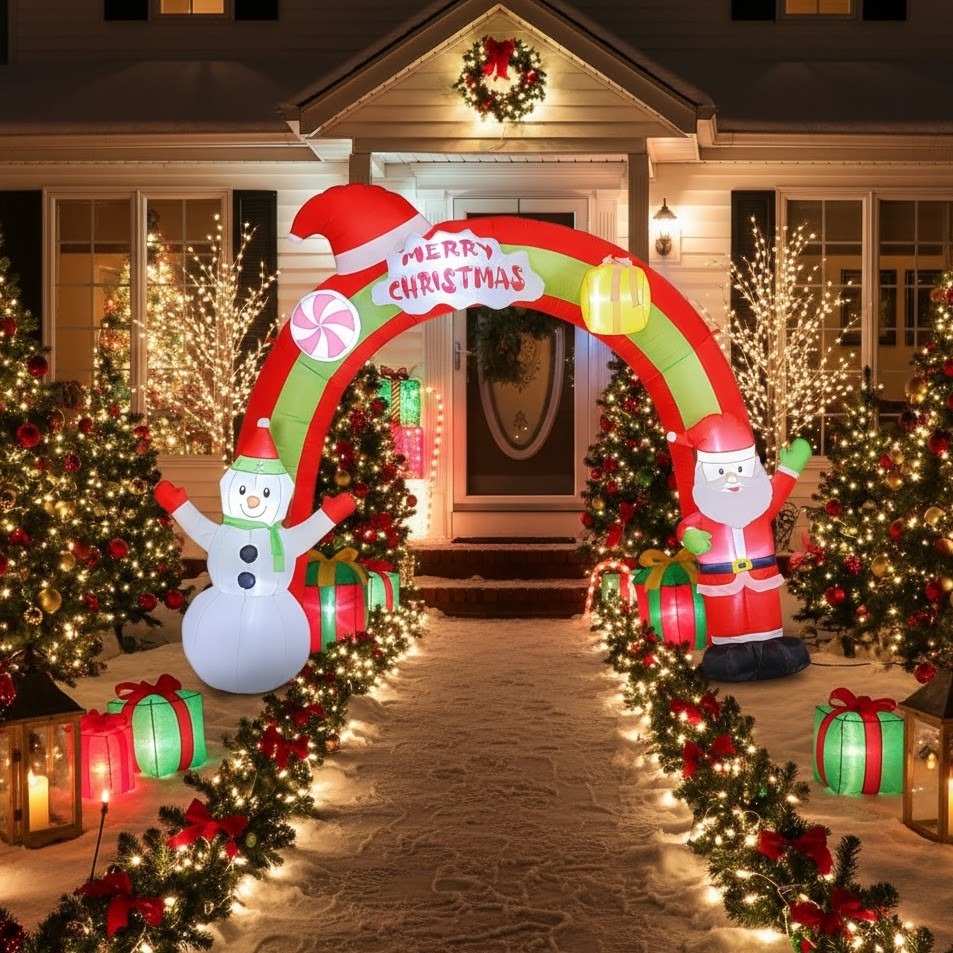 Snowman and Santa archway surrounded by Christmas trees and lights